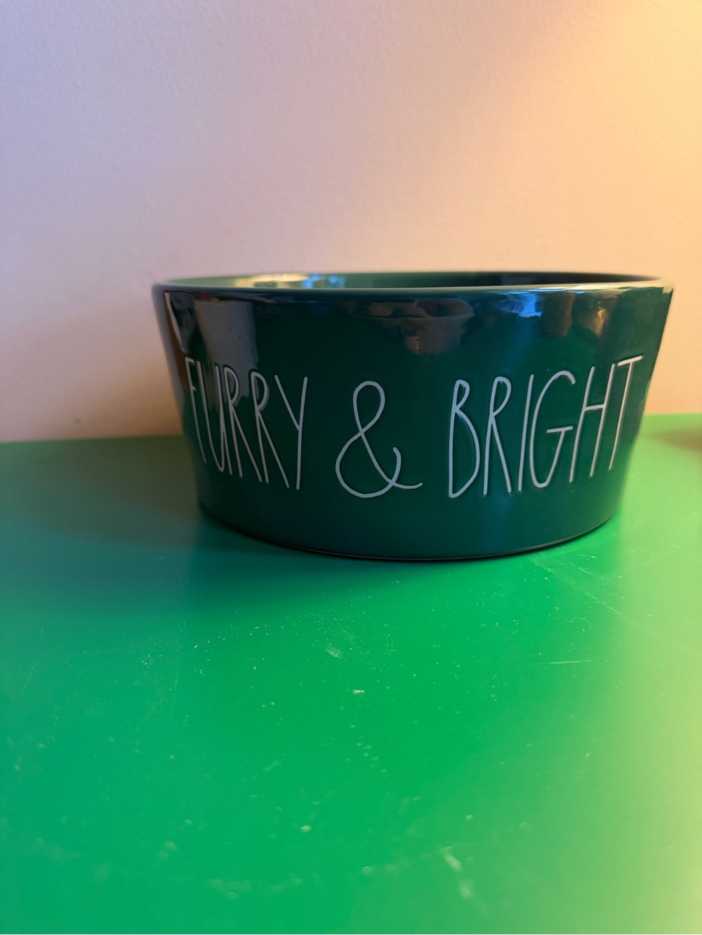Rae Dunn Christmas Green "Furry & Bright" Ceramic Dog Bowl